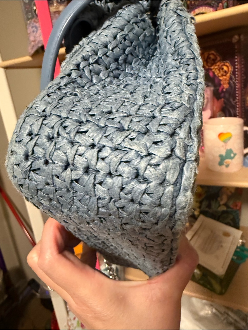 Sandro Paris Yza Raffia Shoulder Bag | Blue Woven Top Handle Purse - Picture 11 of 17